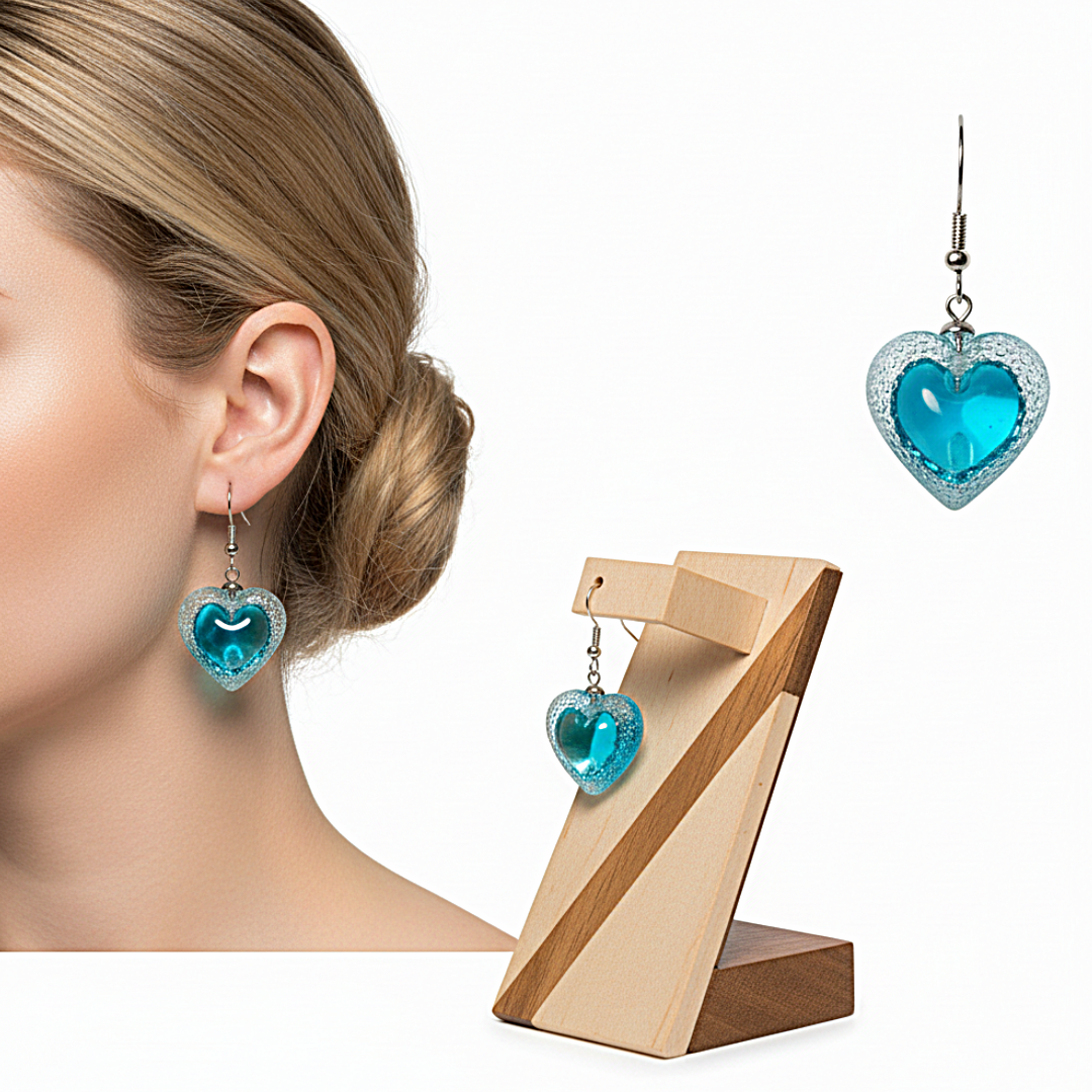 Boucles d’oreilles Cœur Voronoi bleues en résine et acier inoxydable, petit et grand modèle, bijou artisanal français