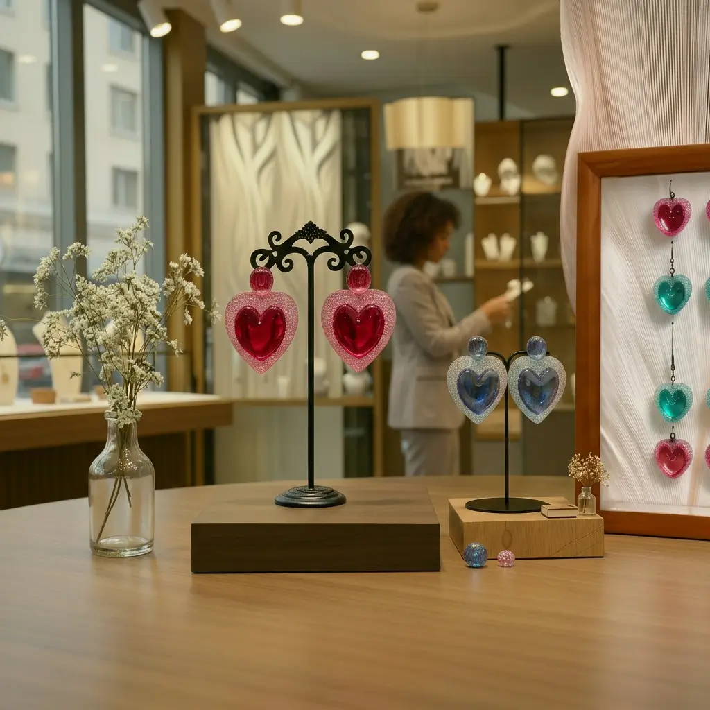 Collection de boucles d'oreilles artisanales en résine Cœur Voronoï exposées dans une boutique