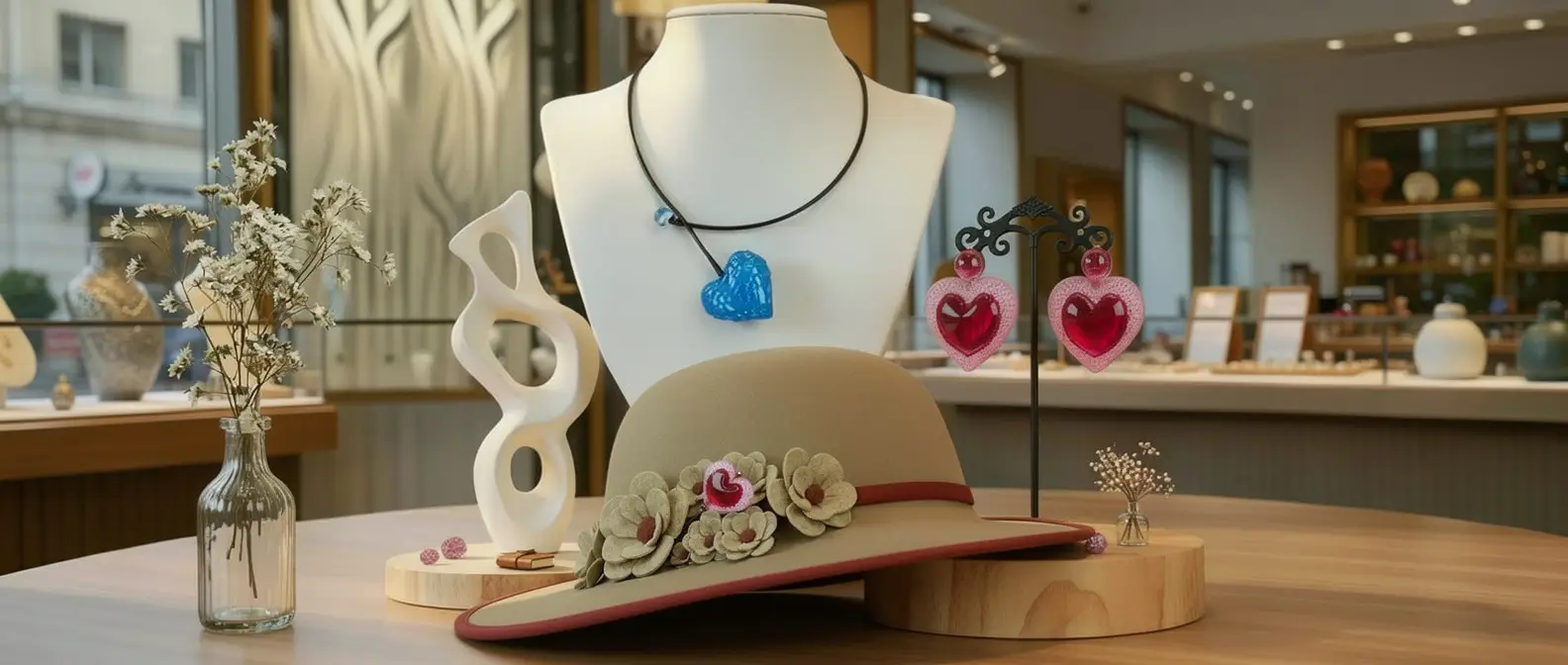Collection de bijoux artisanaux en résine imprimés en 3D comprenant colliers, boucles d'oreilles et fibules dans un univers de boutique