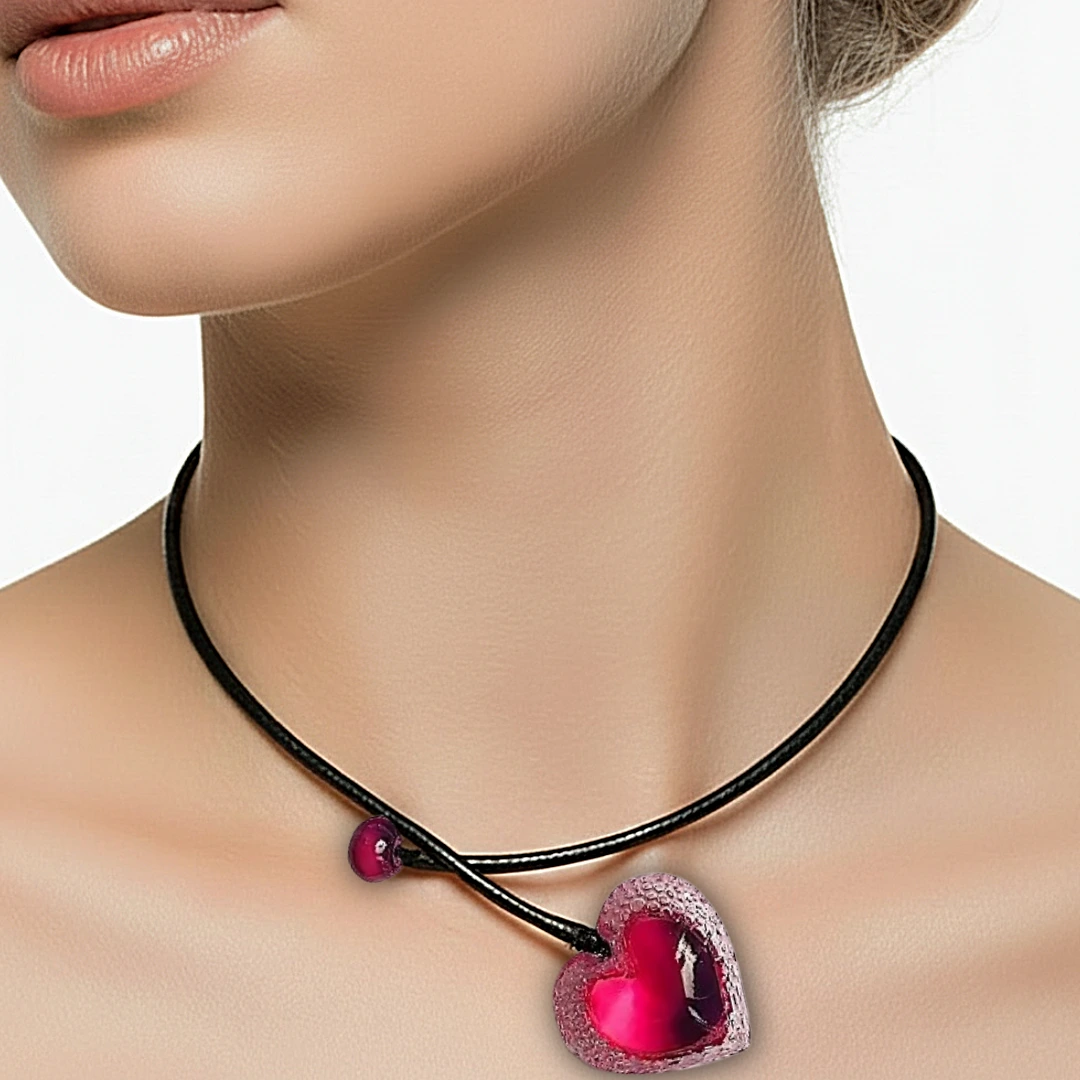 Collier Cœur Voronoï cherry avec pendentif en résine et cordon en cuir noir, bijou artisanal français