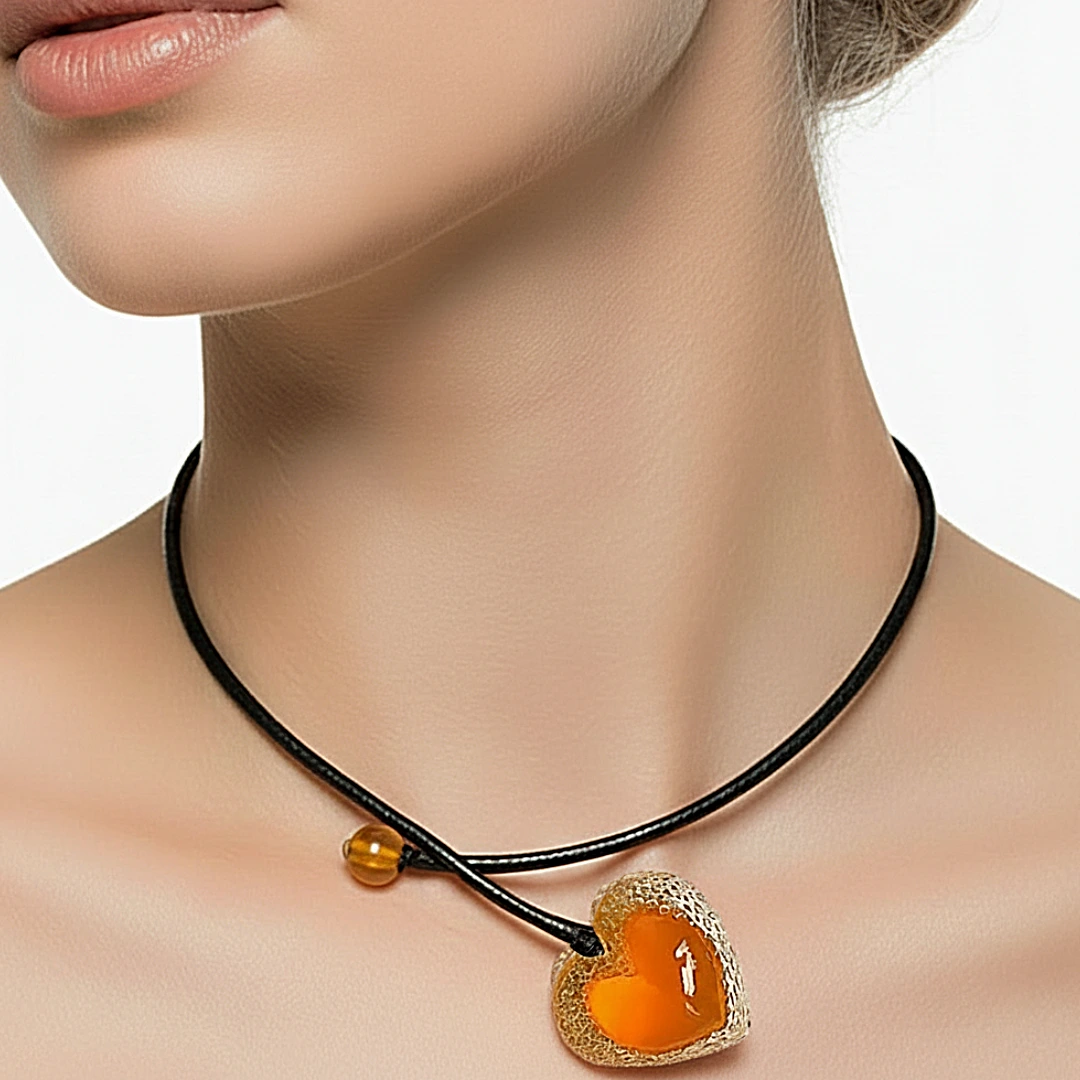 Collier Cœur Voronoï orange avec pendentif en résine et cordon en cuir noir, bijou artisanal français