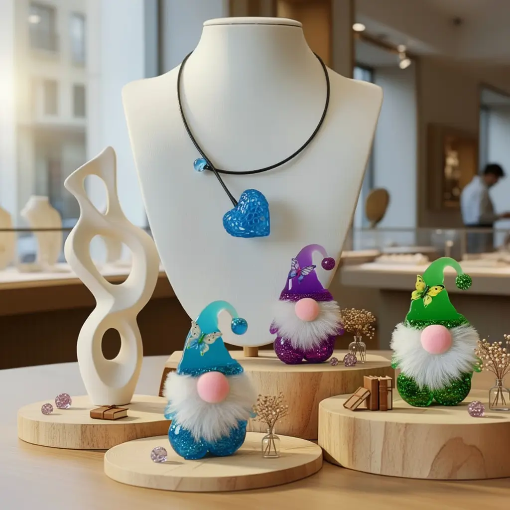 Collection de colliers artisanaux en résine avec pendentifs Cœur Voronoï présentés dans une boutique