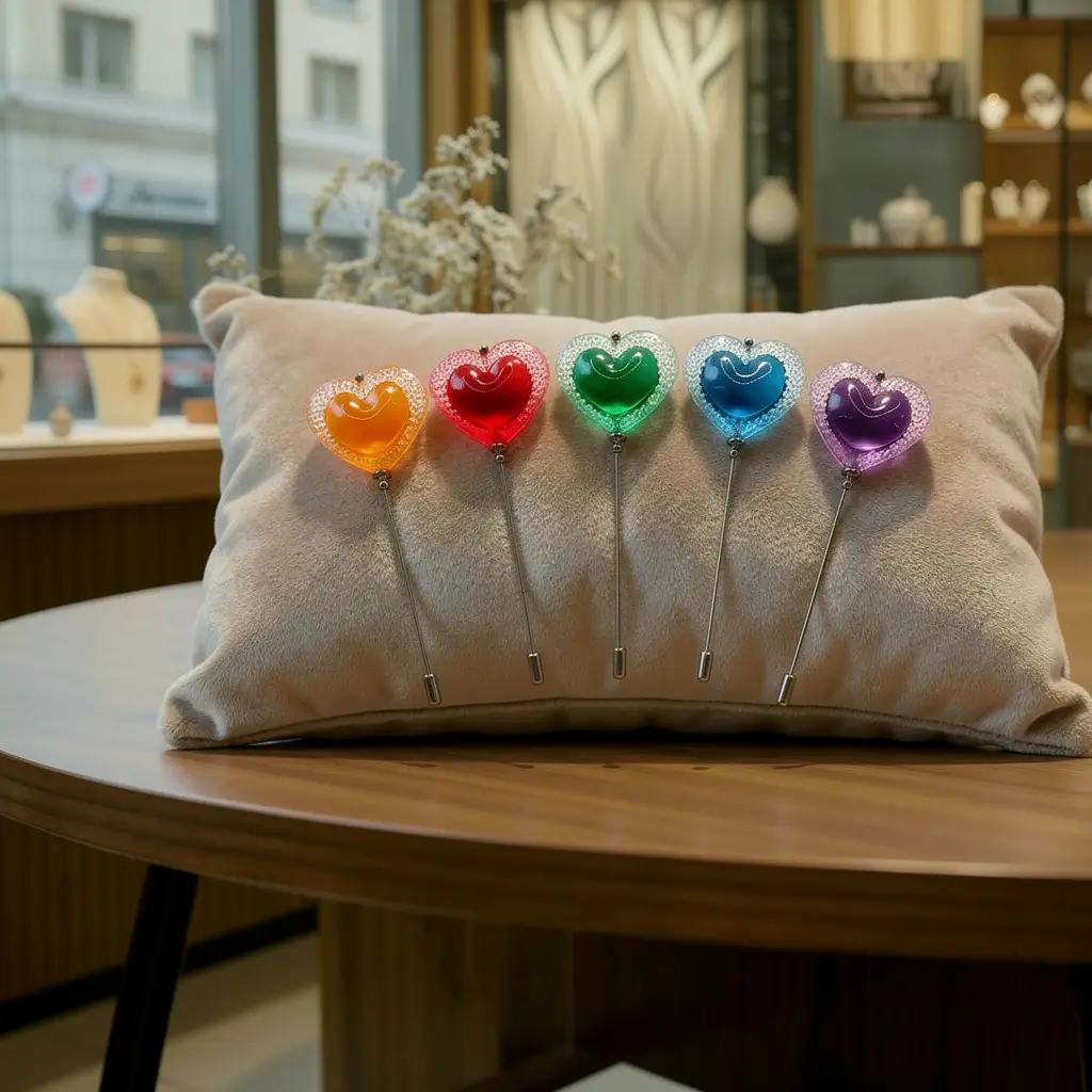 Collection de fibules artisanales en résine Cœur Voronoï présentées dans une boutique