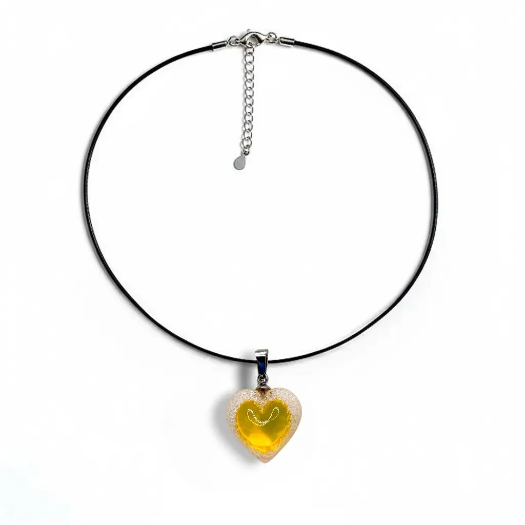 Collier cœur Voronoï jaune en résine avec cordon en cuir 1 mm et chaîne de rallonge en acier inoxydable