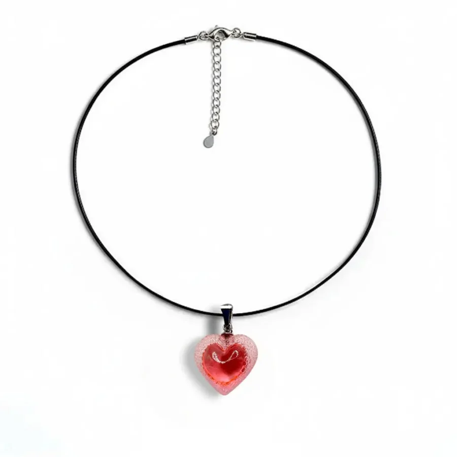 Bijou cœur Voronoï rose en résine avec cordon en cuir 1 mm et rallonge en acier inoxydable