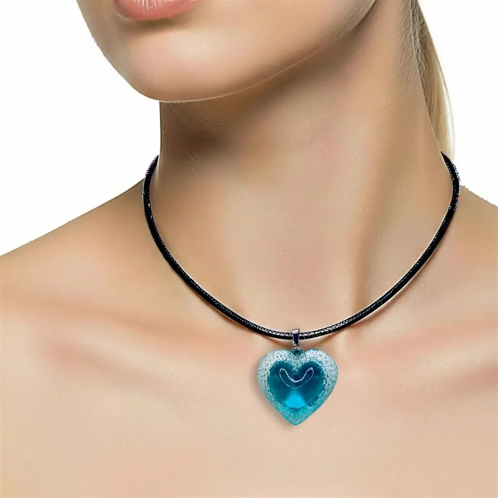 Femme portant un grand collier cœur Voronoï bleu avec lien en cuir noir de 3 mm