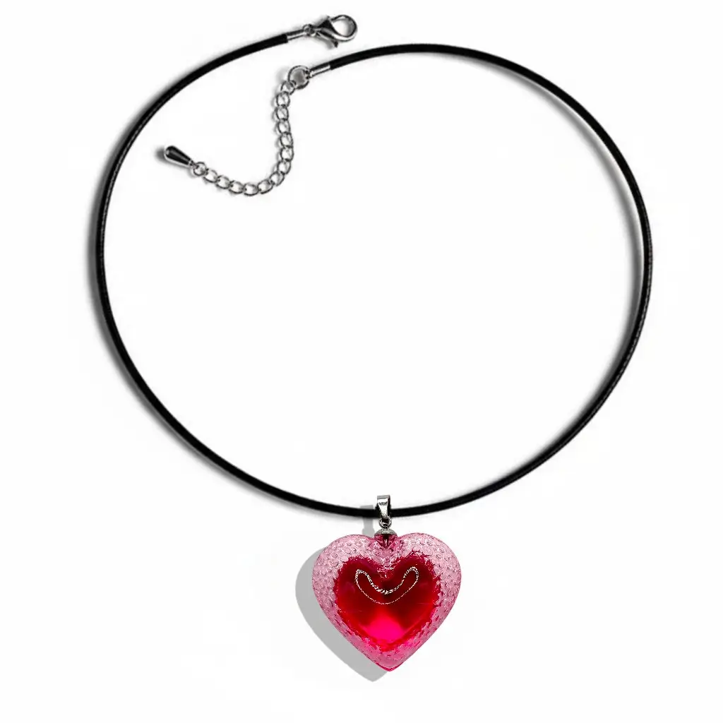 Grand pendentif cœur Voronoï cherry en résine avec cordon en cuir noir de 3 mm