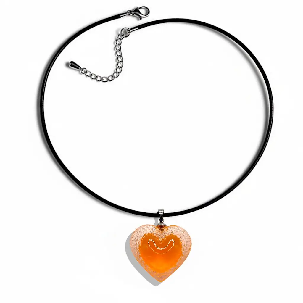 Grand pendentif cœur Voronoï orange en résine monté sur un cordon en cuir noir de 3 mm