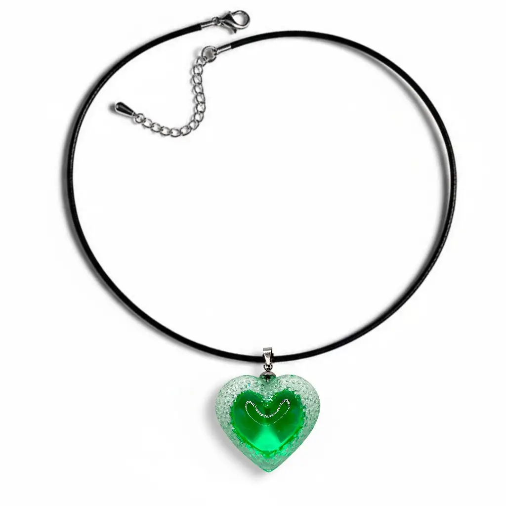 Grand pendentif cœur Voronoï vert en résine avec cordon en cuir noir de 3 mm