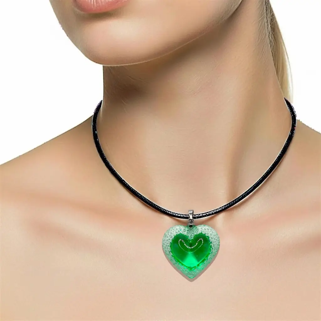 Femme portant un grand collier cœur Voronoï vert avec lien en cuir noir de 3 mm