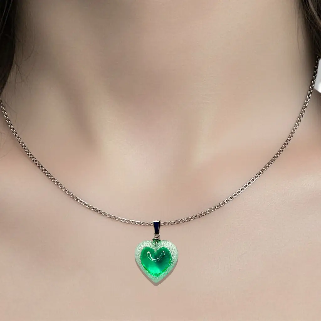 Collier Cœur Voronoï vert avec pendentif en résine imprimée en 3D et chaîne en acier inoxydable, bijou artisanal français
