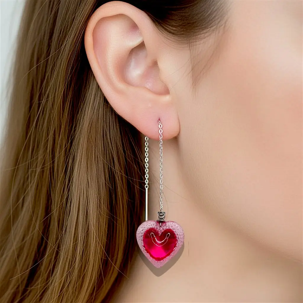 boucles d’oreilles cœur voronoï cherry portées