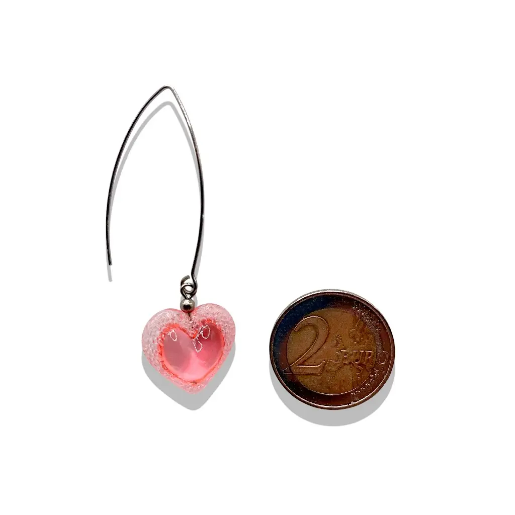 boucles d’oreilles cœur voronoï rose avec pièce 2 euros référence taille