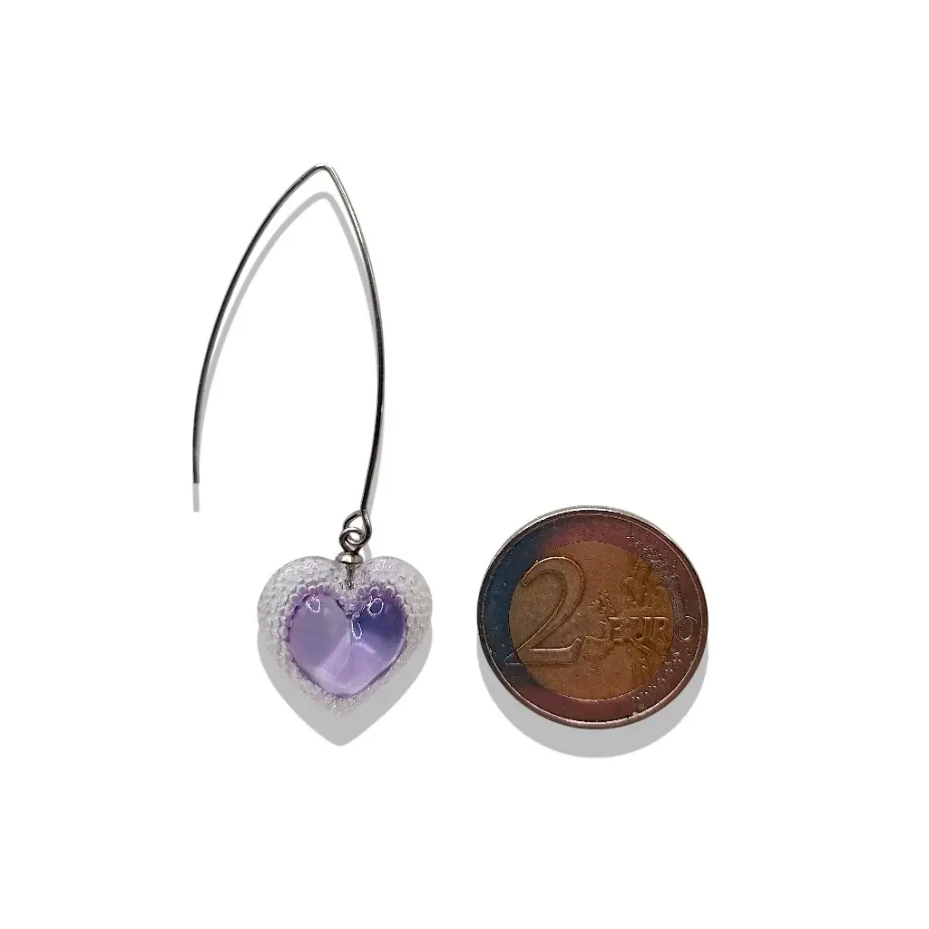 boucles d’oreilles cœur voronoï violet avec pièce 2 euros référence taille