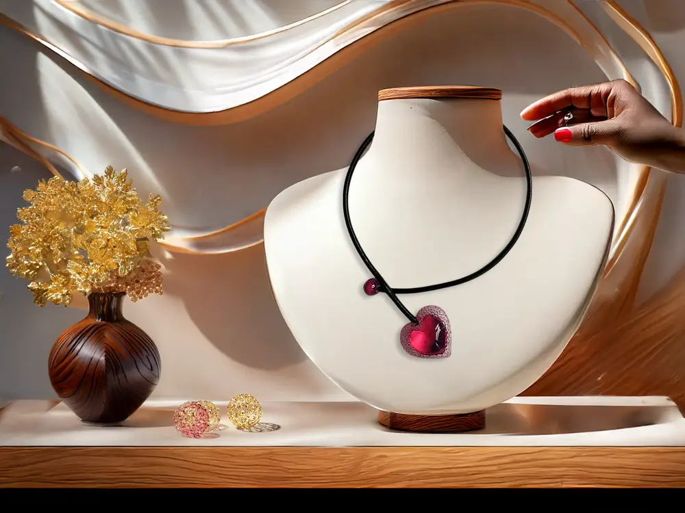 Collier en cuir noir 4 mm avec pendentif cœur voronoi cherry, exposé sur un présentoir minimaliste