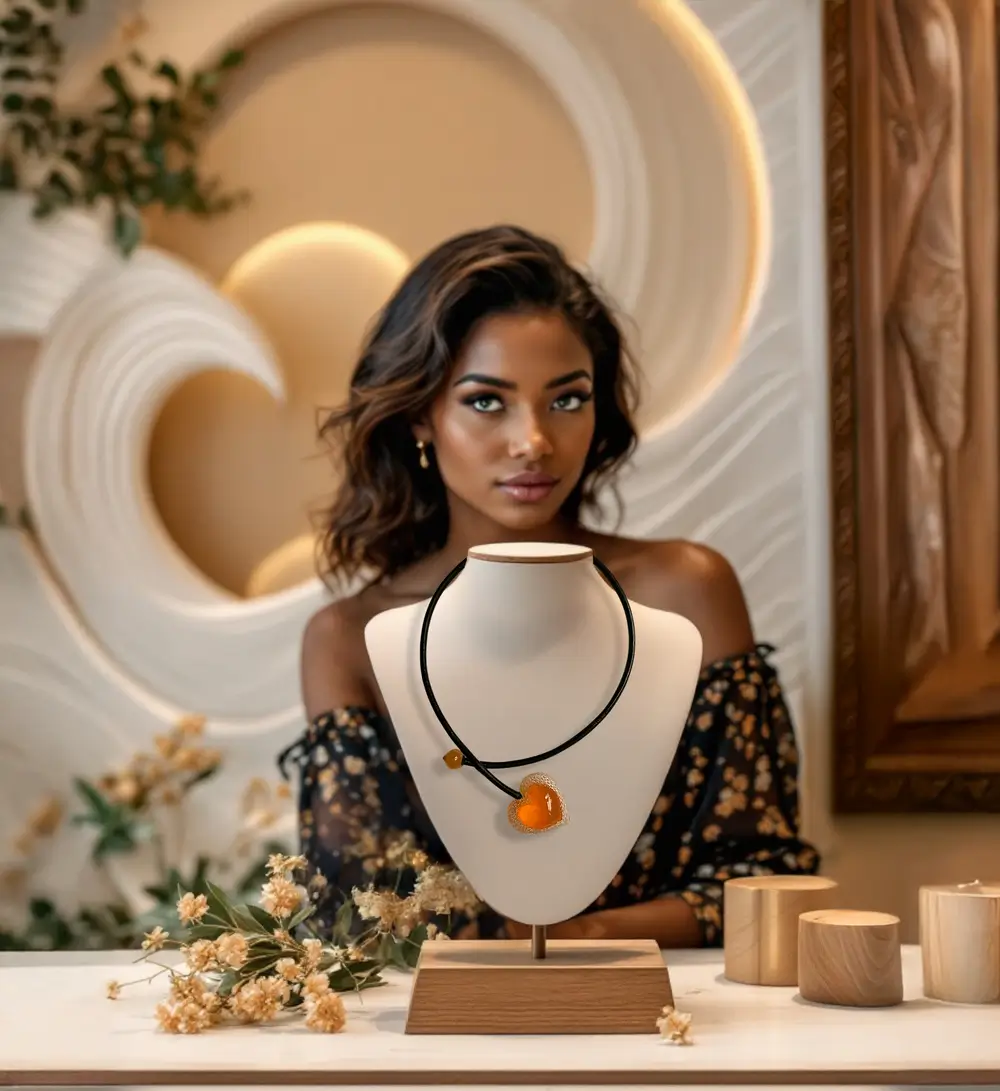 Collier en cuir noir 4 mm avec un pendentif cœur voronoi orange et perle de fermeture assortie