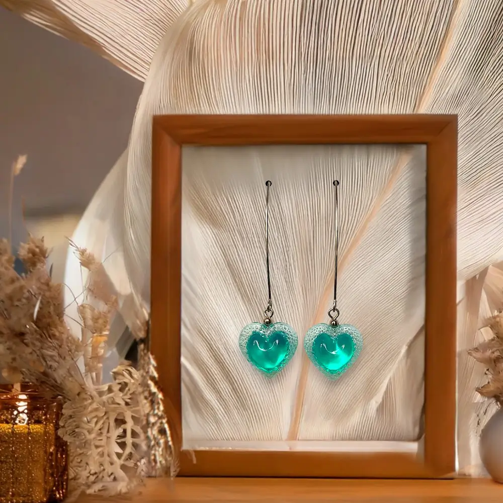 Boucles d oreilles bleues Coeur Voronoi grand modele crochets longs acier inoxydable- (2)
