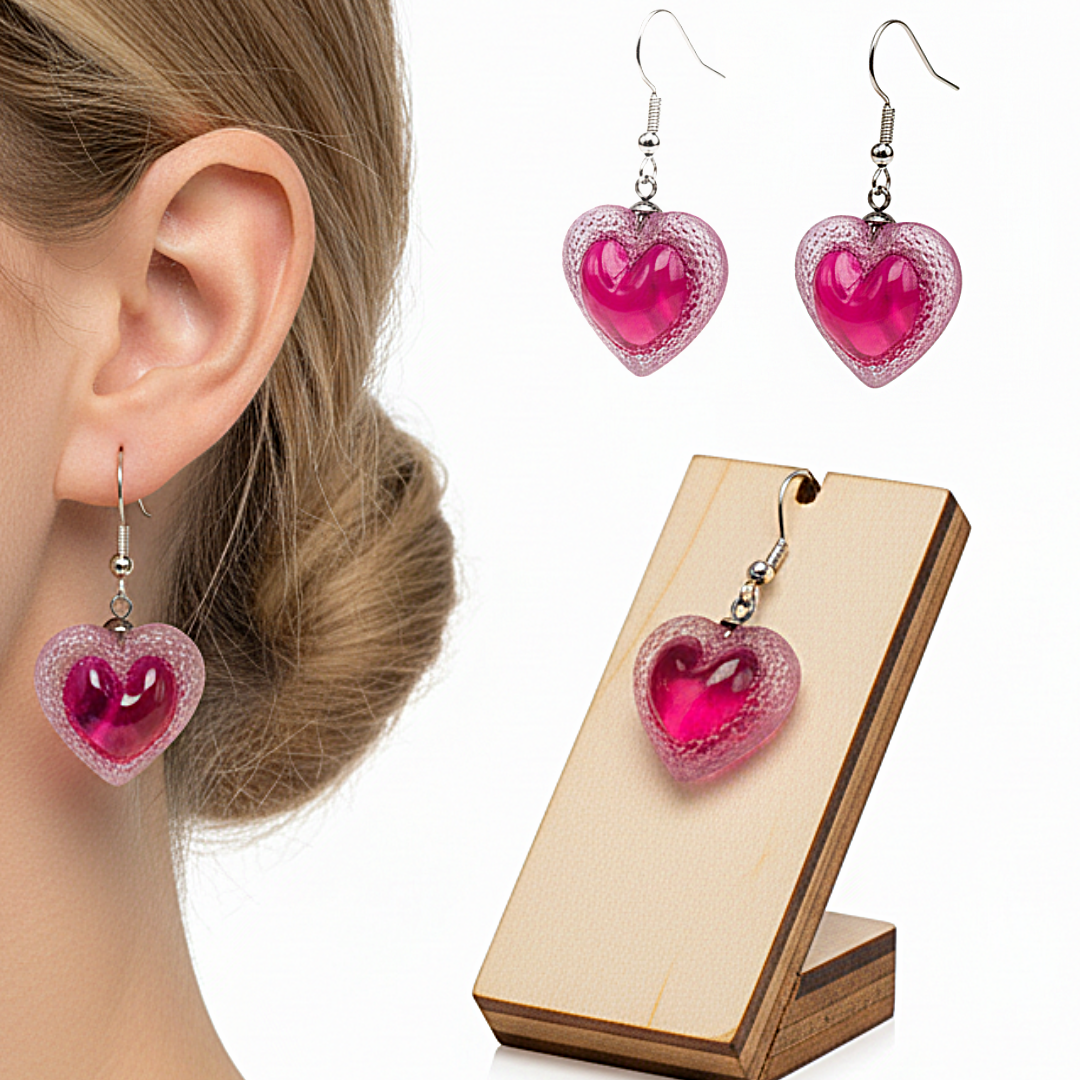 Boucles d’oreilles Cœur Voronoi cherry grand modèle en résine et acier inoxydable, bijou artisanal français