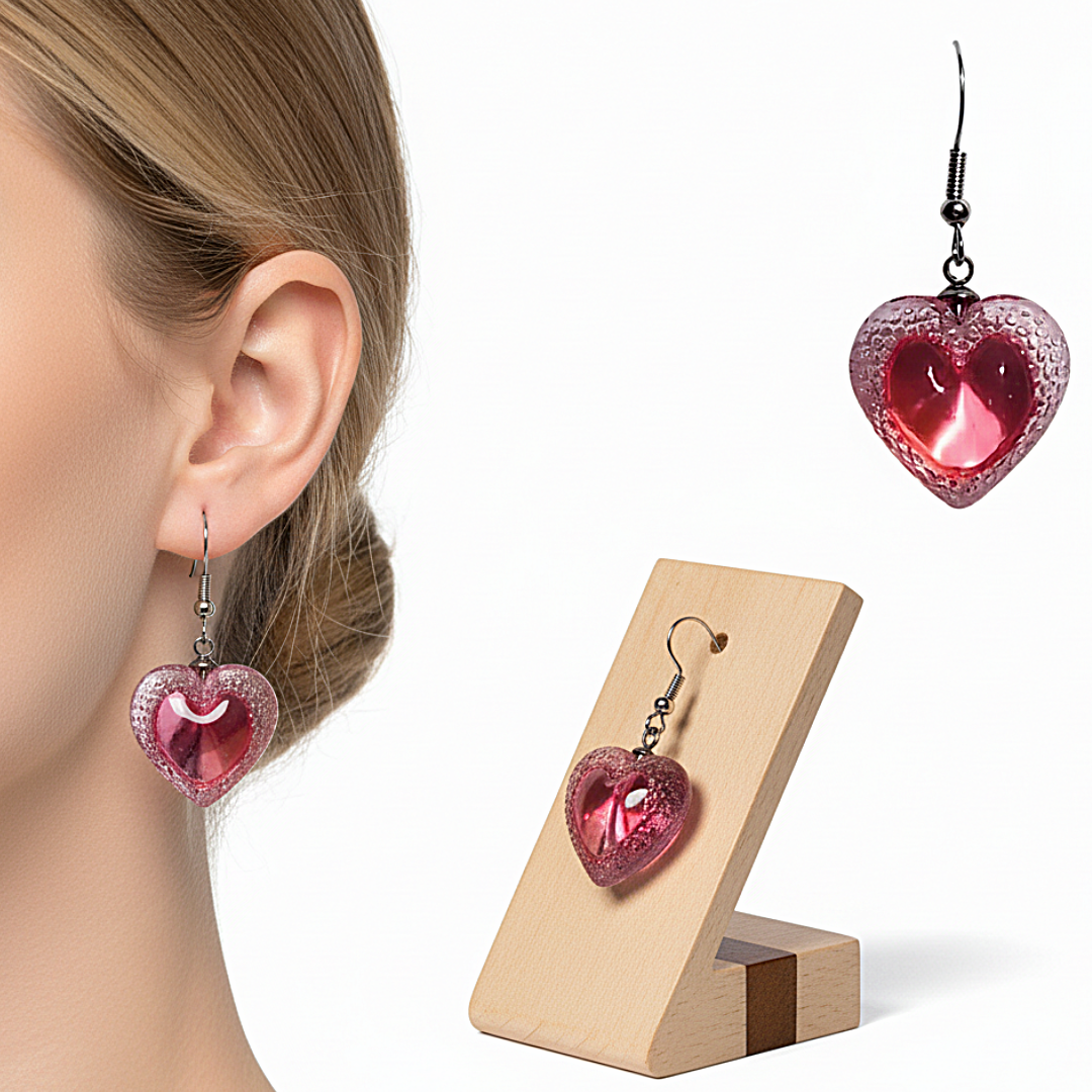 Boucles d’oreilles Cœur Voronoi rose grand modèle en résine et acier inoxydable, bijou artisanal français