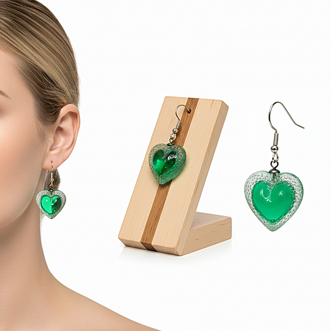 Boucles d’oreilles Cœur Voronoi vertes en résine et acier inoxydable, petit et grand modèle, bijou artisanal français
