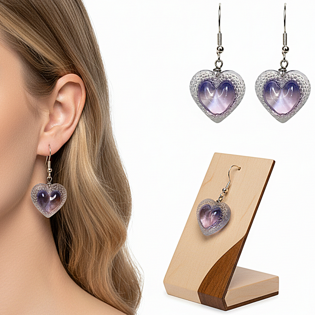 oucles d’oreilles Cœur Voronoi violette grand modèle en résine et acier inoxydable, bijou artisanal français