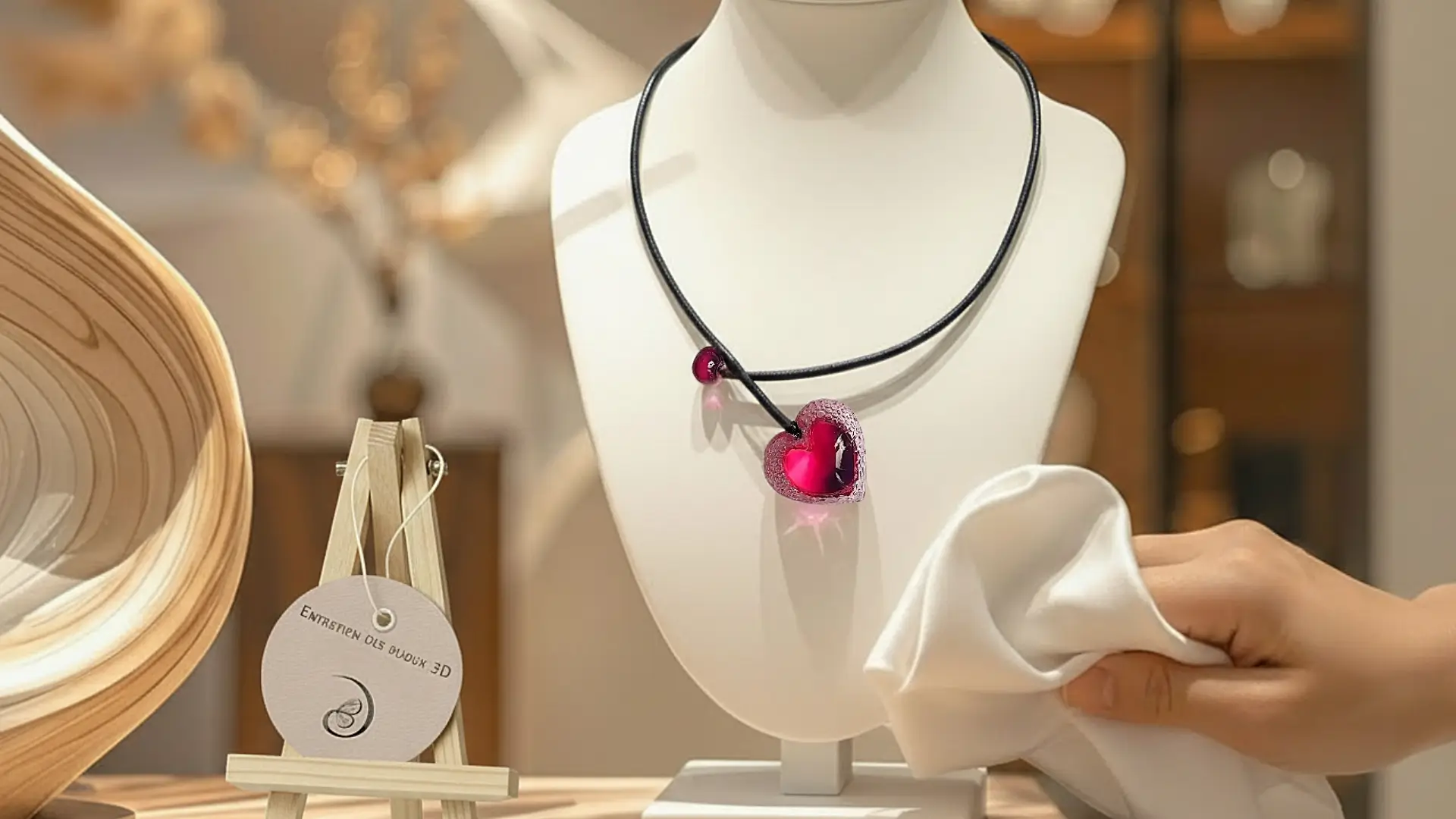 Bijou en résine 3D posé sur un présentoir avec une chiffonnette et une main illustrant les conseils d’entretien des bijoux artisanaux