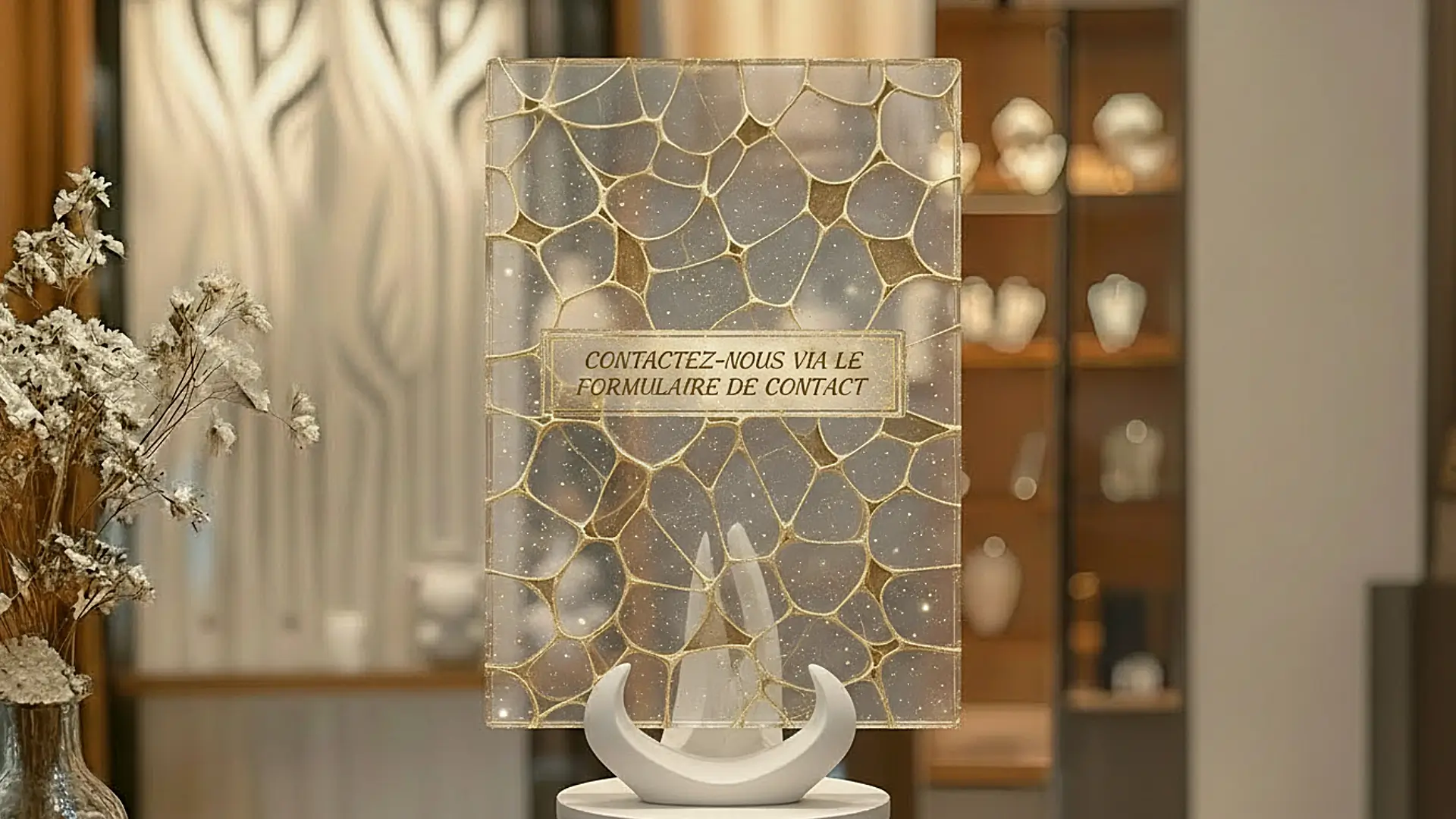 Présentoir en résine 3D motif Voronoï posé sur une table avec l’inscription « Contactez-nous » pour accéder au formulaire de contact de l’atelier de bijoux
