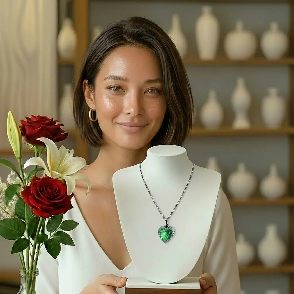 femme tenant un présentoir à collier avec collier chaîne acier inoxydable et pendentif cœur voronoï vert