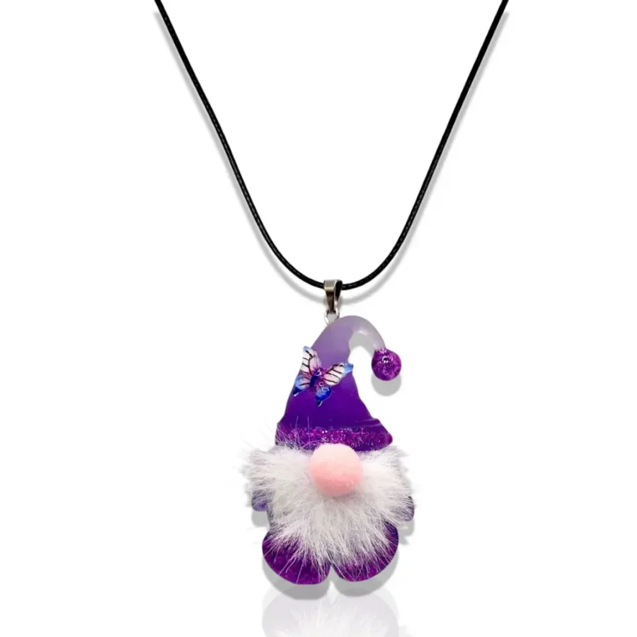 Collier Gnome violet en résine imprimée en 3D avec barbe et nez en feutre, monté sur lien en coton ciré réglable