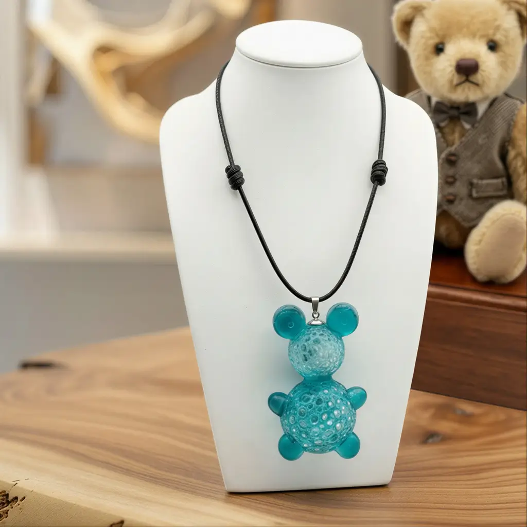 Collier Nounours bleu en résine imprimée en 3D sur présentoir, avec peluche Nounours en arrière-plan dans une boutique