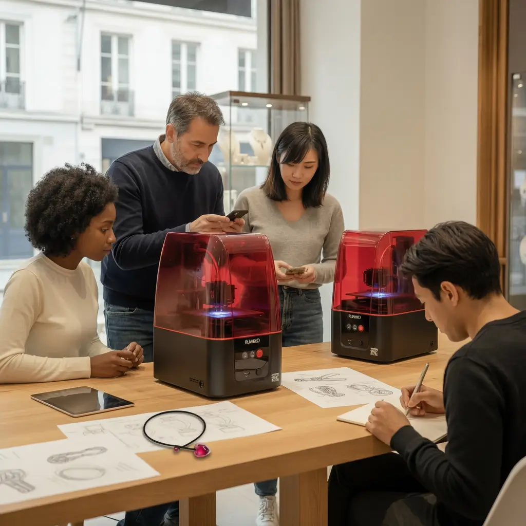 Artisan vérifiant un bijou en résine issu de l’impression 3D lors du contrôle qualité en atelier
