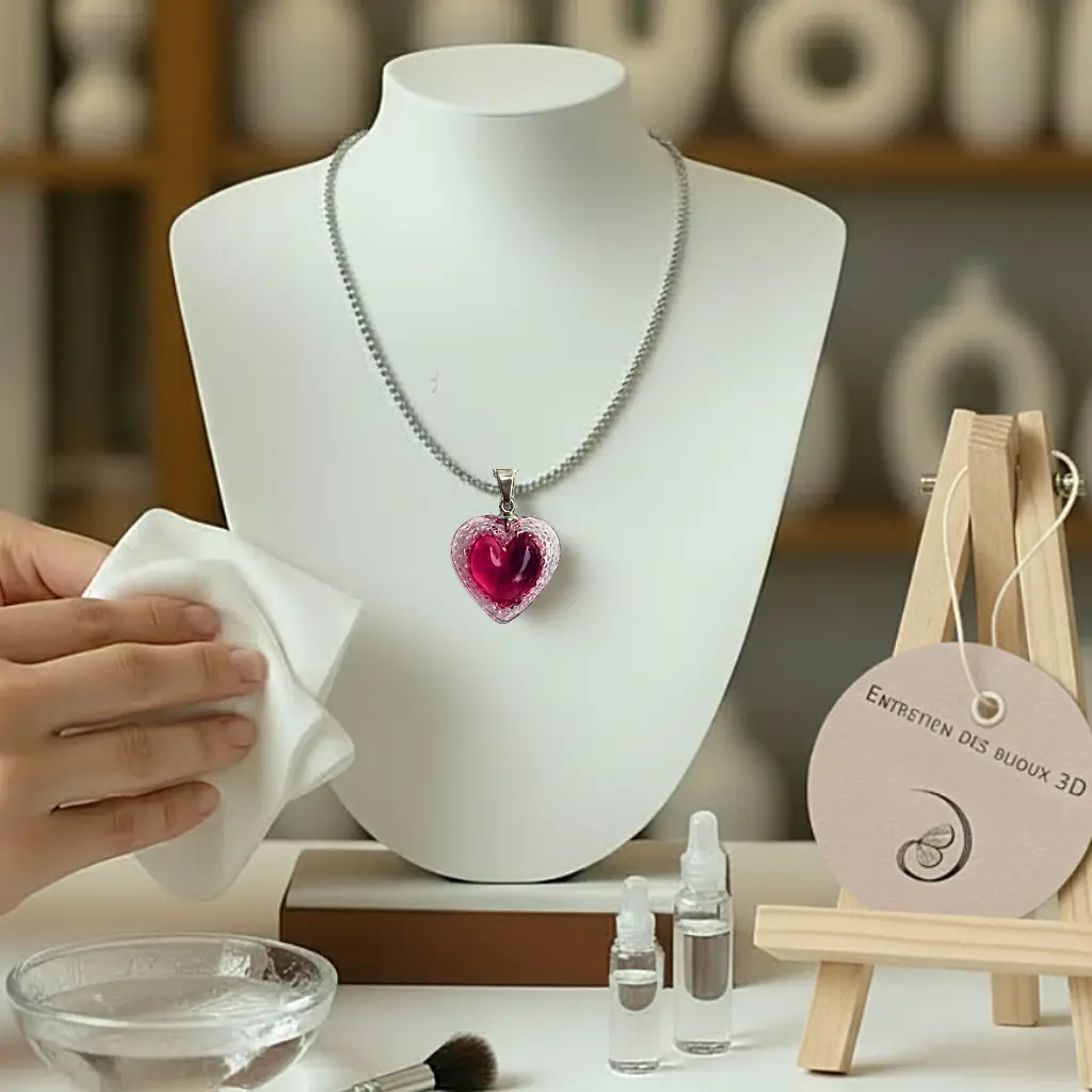 Main nettoyant délicatement un bijou en résine 3D avec une chiffonnette sur un présentoir