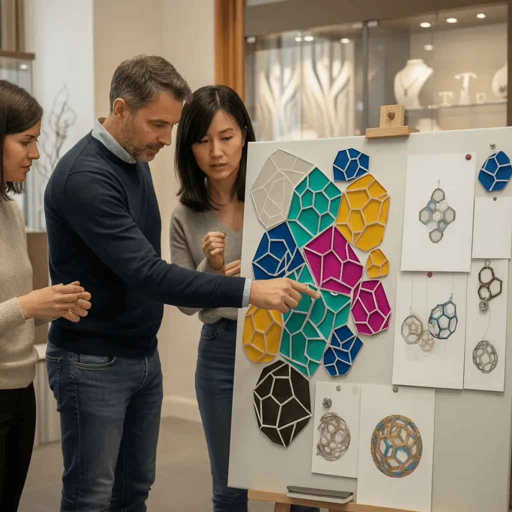 Équipe de créateurs dans un atelier de bijoux 3D réunie devant un tableau d’inspiration pour concevoir de nouvelles collections