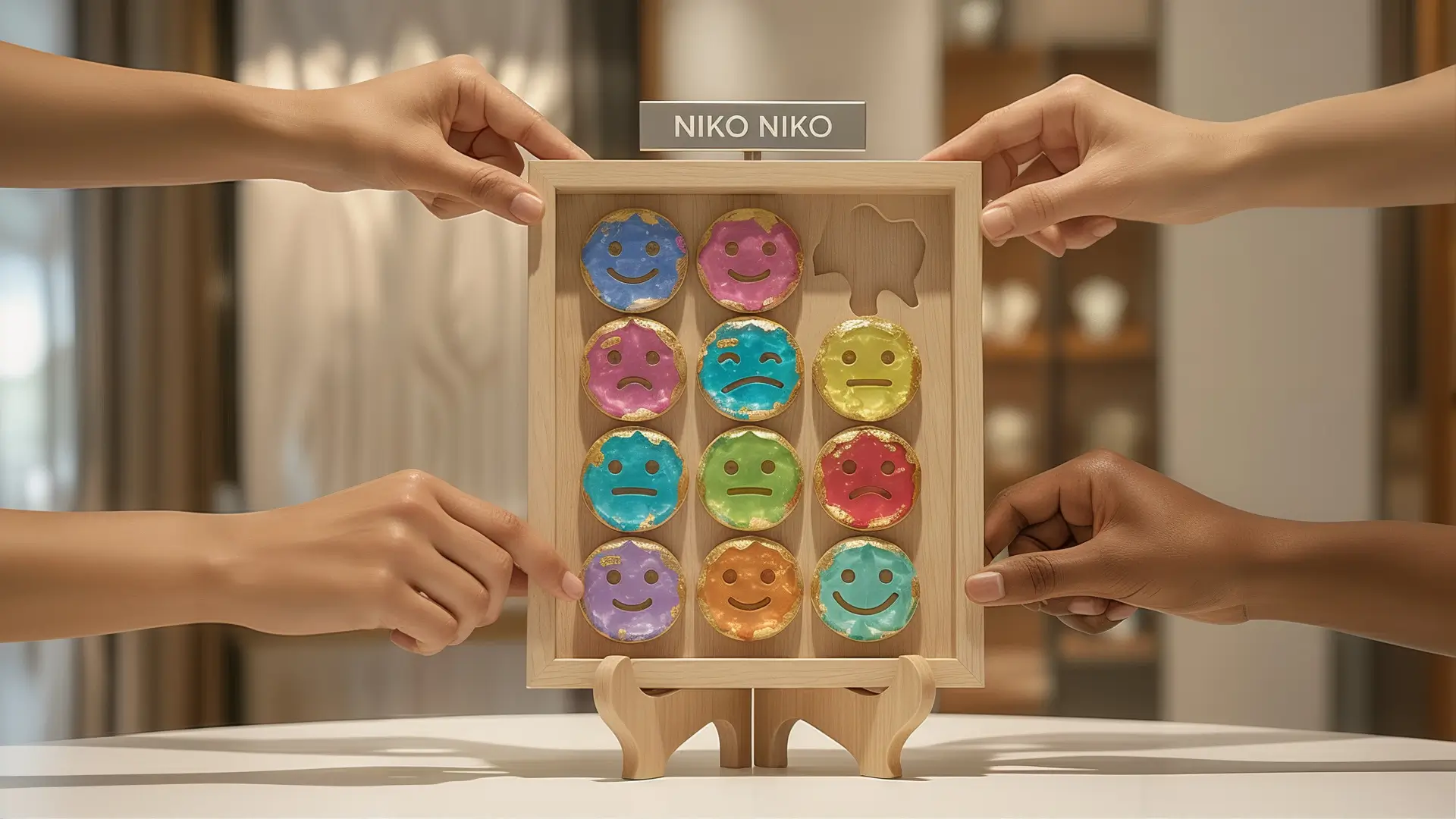 Quatre mains tenant un tableau Niko Niko illustrant différentes humeurs, symbole de cohésion et d’esprit d’équipe dans l’atelier de création de bijoux 3D