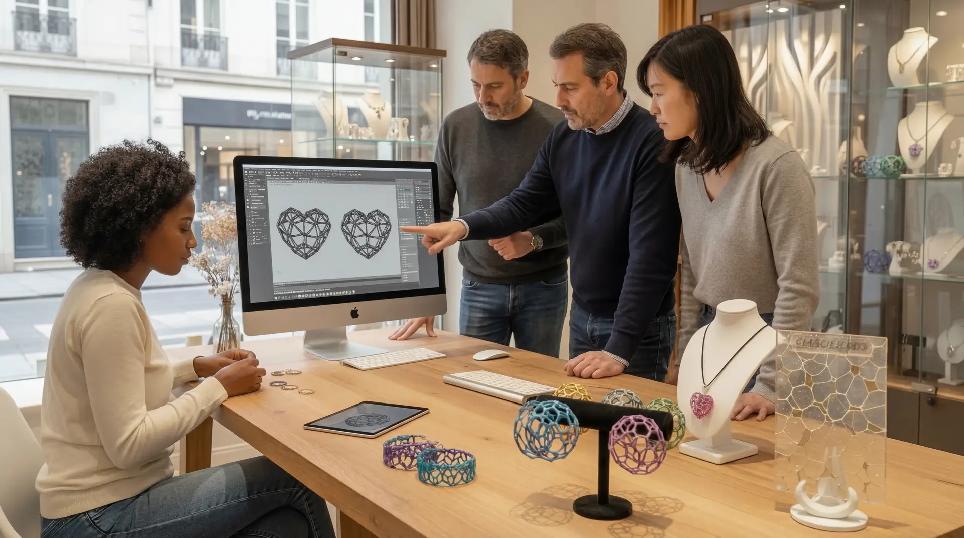 Équipe travaillant dans un atelier de fabrication de bijoux 3D en résine, conception et assemblage artisanal