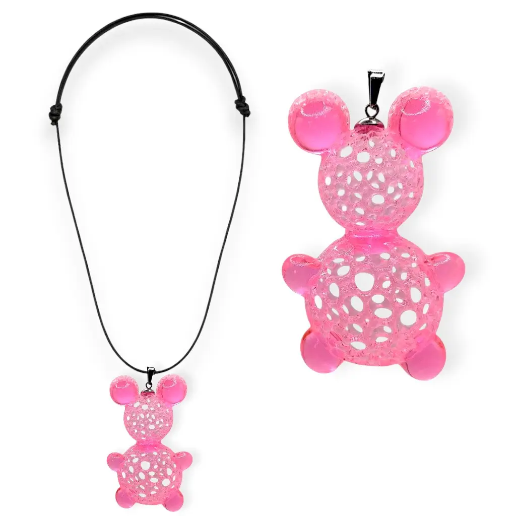 Sautoir nounours Voronoï rose en résine imprimée en 3D sur lien coton ciré noir réglable