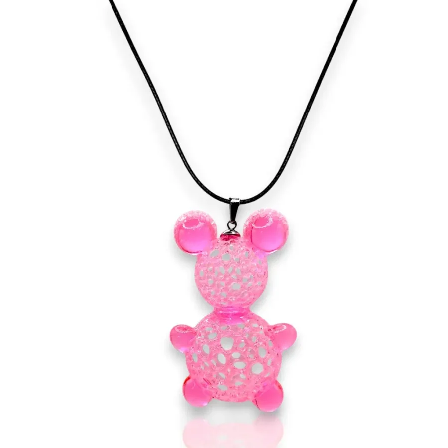 Sautoir nounours rose en résine imprimée en 3D monté sur lien coton ciré noir réglable
