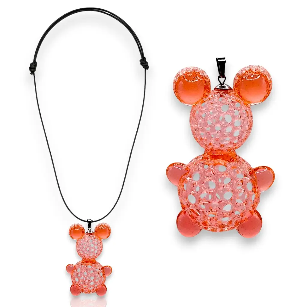 Sautoir nounours orange en résine imprimée en 3D sur lien coton ciré noir ajustable