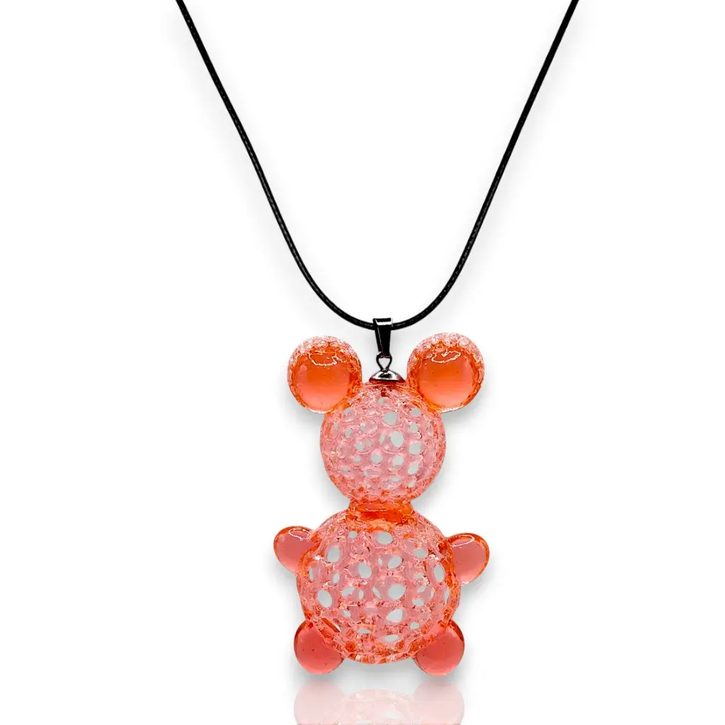 Sautoir nounours orange en résine imprimée en 3D sur lien coton ciré noir ajustable