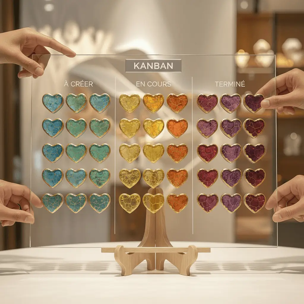Tableau Kanban illustrant l’organisation des différentes étapes de conception et fabrication des bijoux en 3D dans l’atelier.