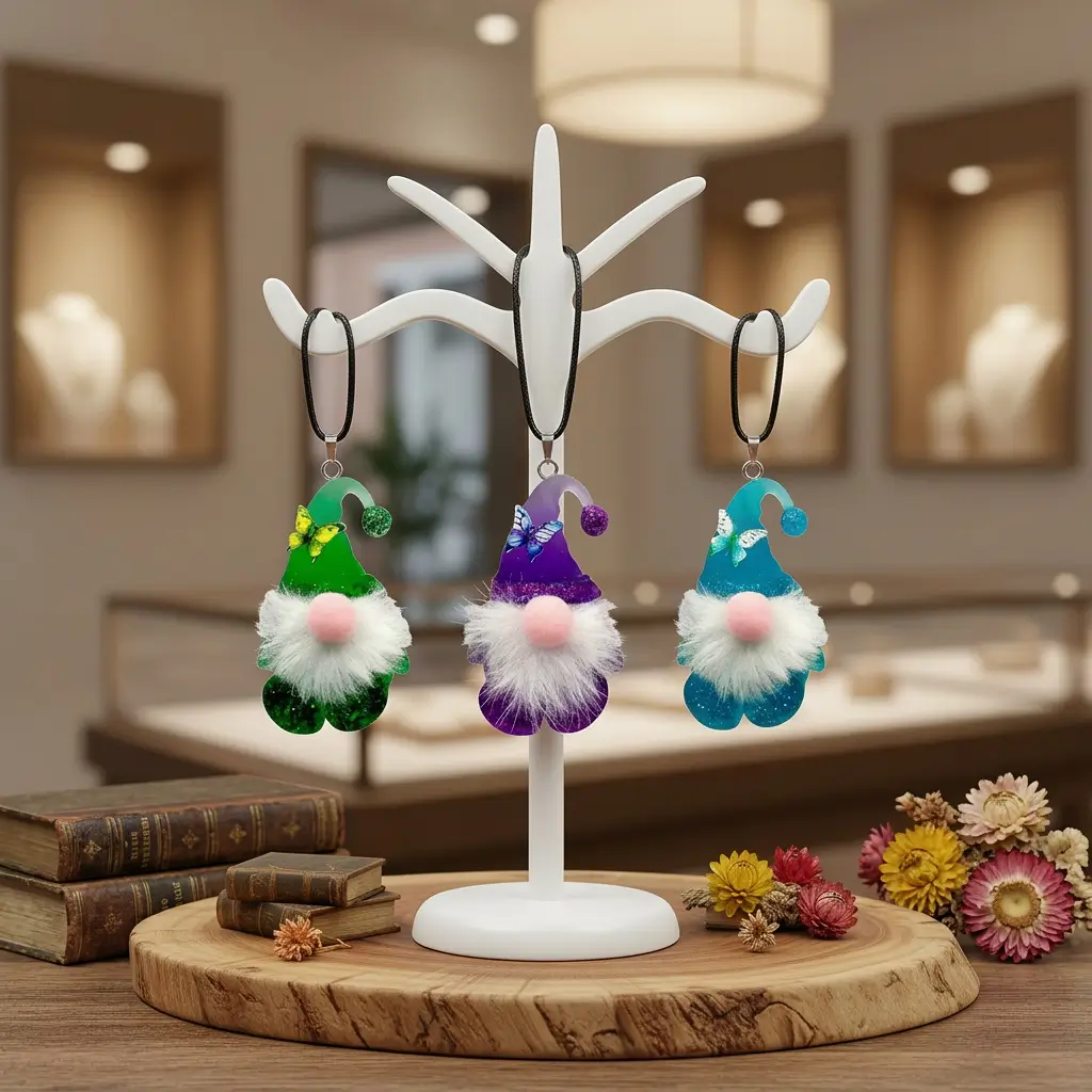 Trois colliers Gnomes en résine imprimée en 3D exposés sur un présentoir à colliers dans une bijouterie