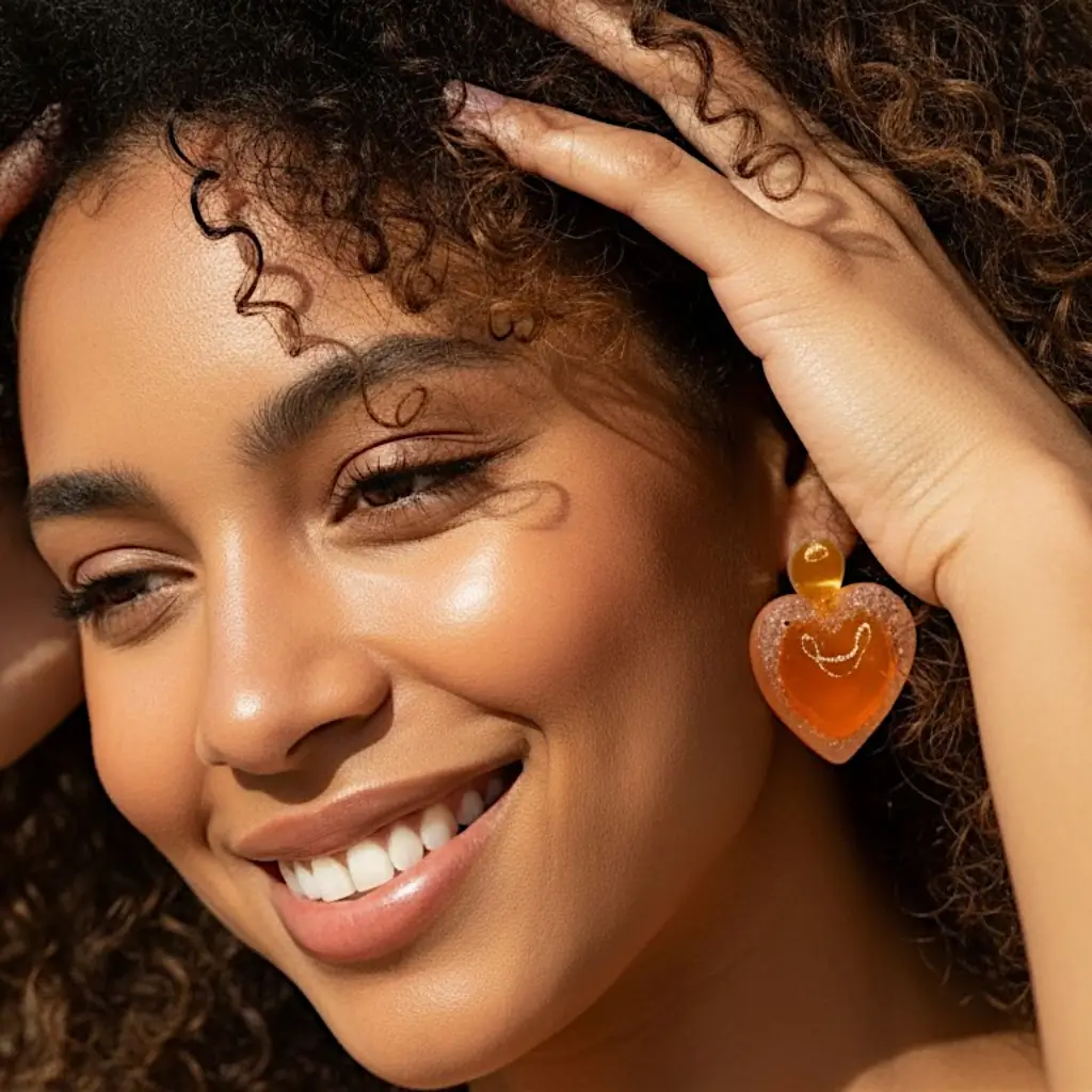 femme portant une boucle d’oreille clip cœur voronoï orange en résine