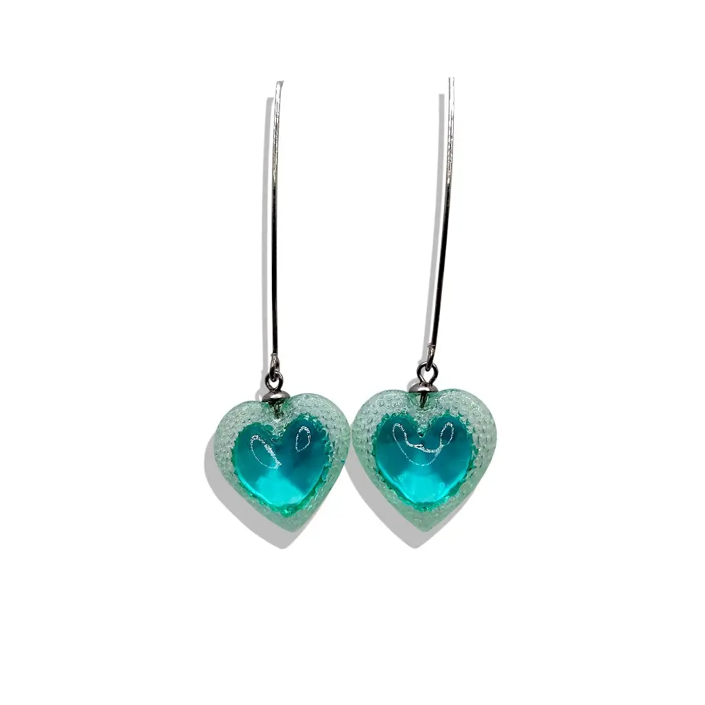 paire de boucles d’oreilles cœur voronoï bleu long crochet