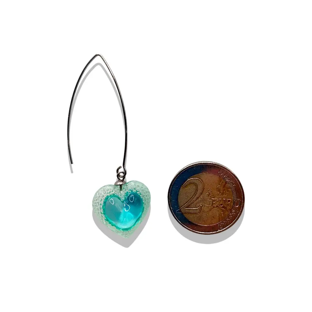 boucles d’oreilles cœur voronoï bleu avec pièce 2 euros référence taille