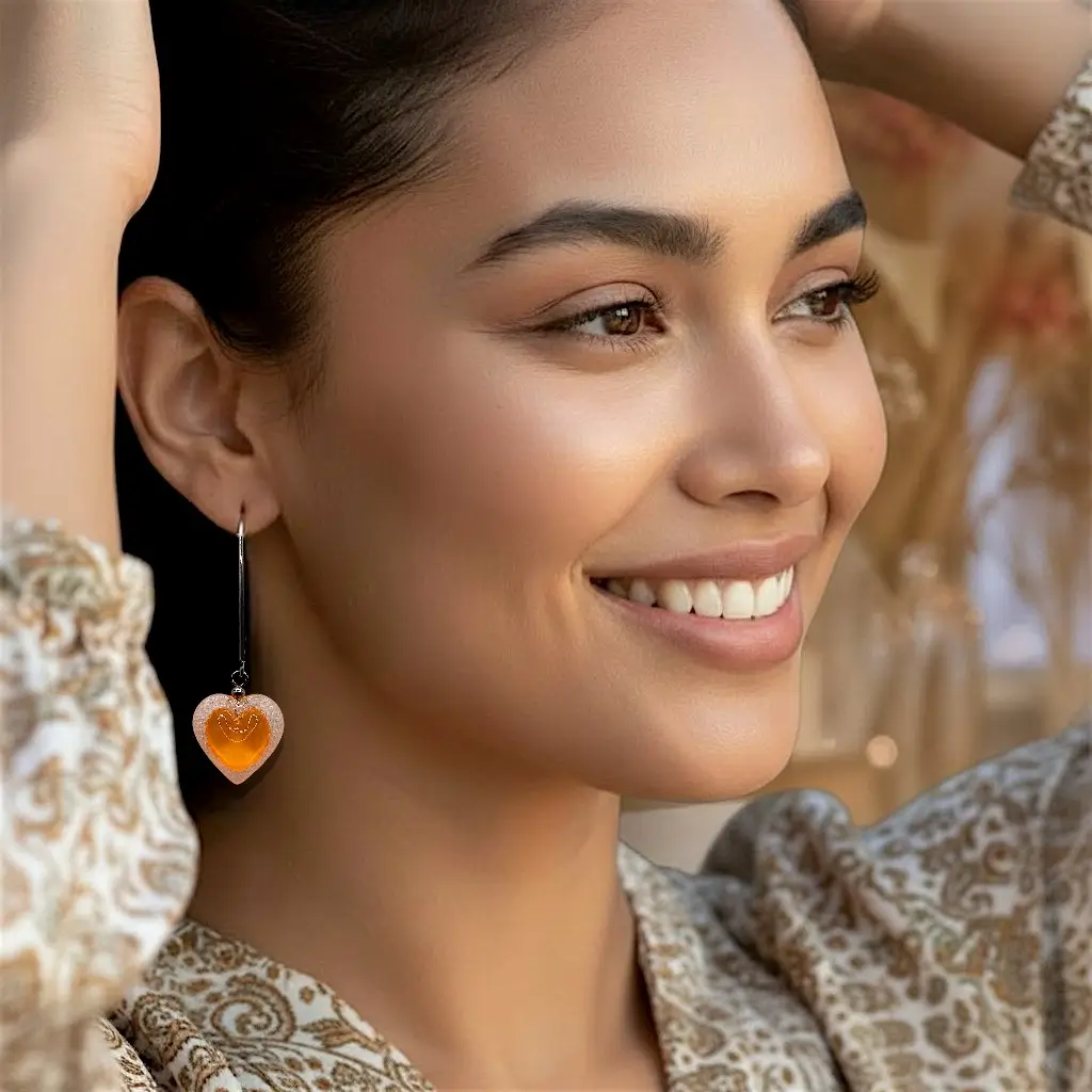 boucles d’oreilles cœur voronoï orange long crochet portées en boutique