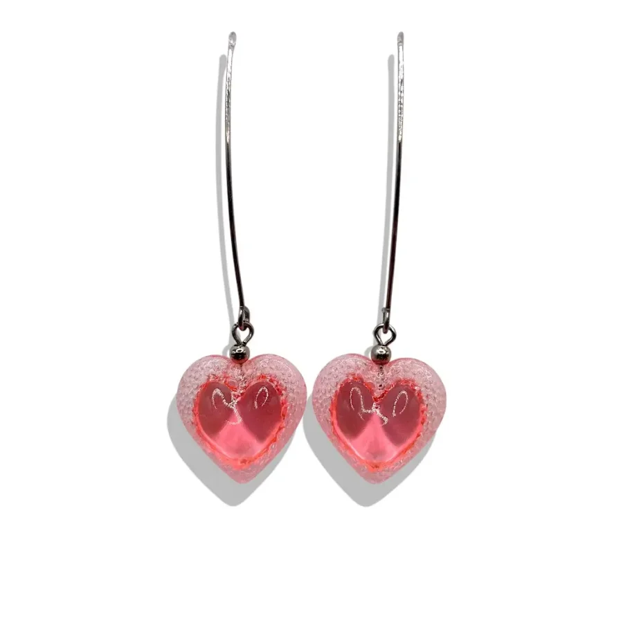 paire de boucles d’oreilles cœur voronoï rose long crochet