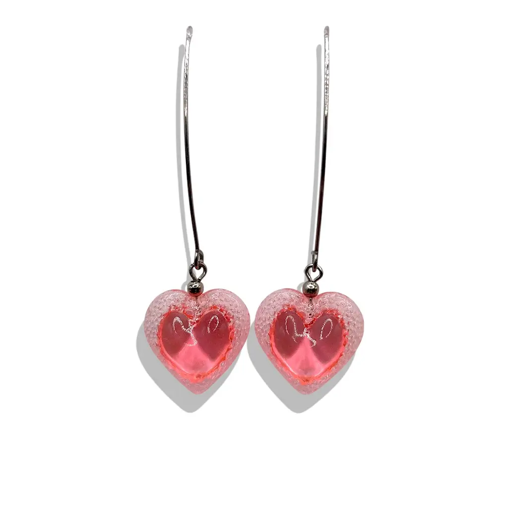 paire de boucles d’oreilles cœur voronoï rose long crochet