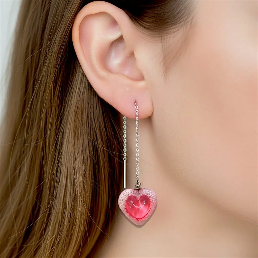 boucles d’oreilles cœur voronoï rose portées