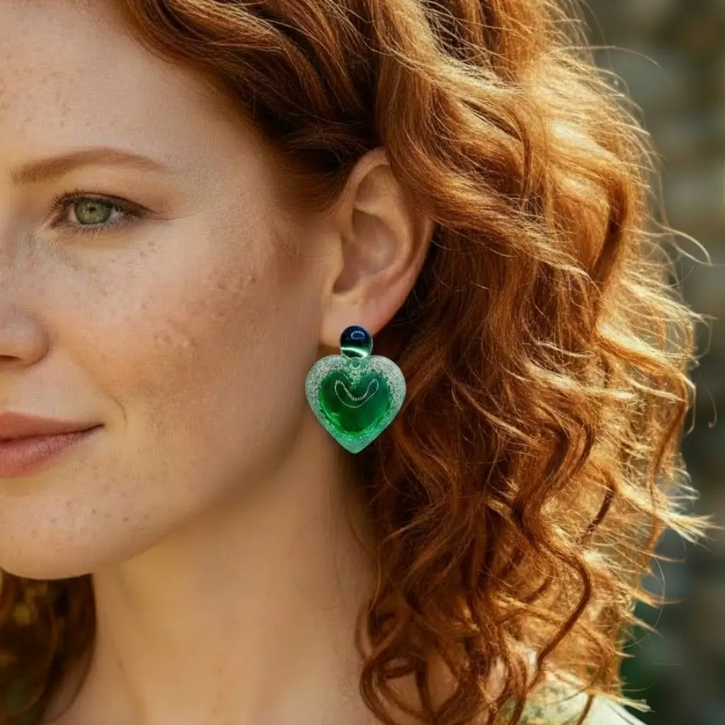 boucles d’oreilles à pointe vertes portées par une femme rousse