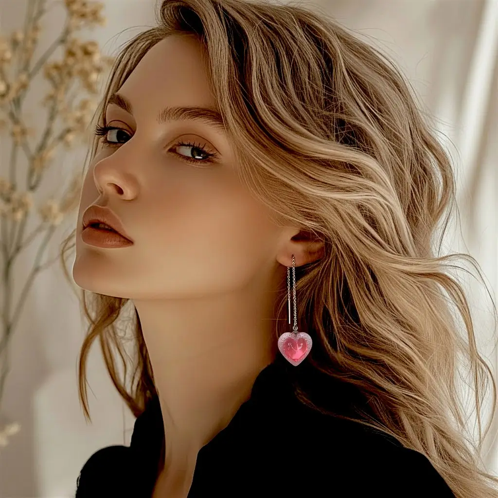 boucles d’oreilles chaîne fine rose portées en style minimaliste